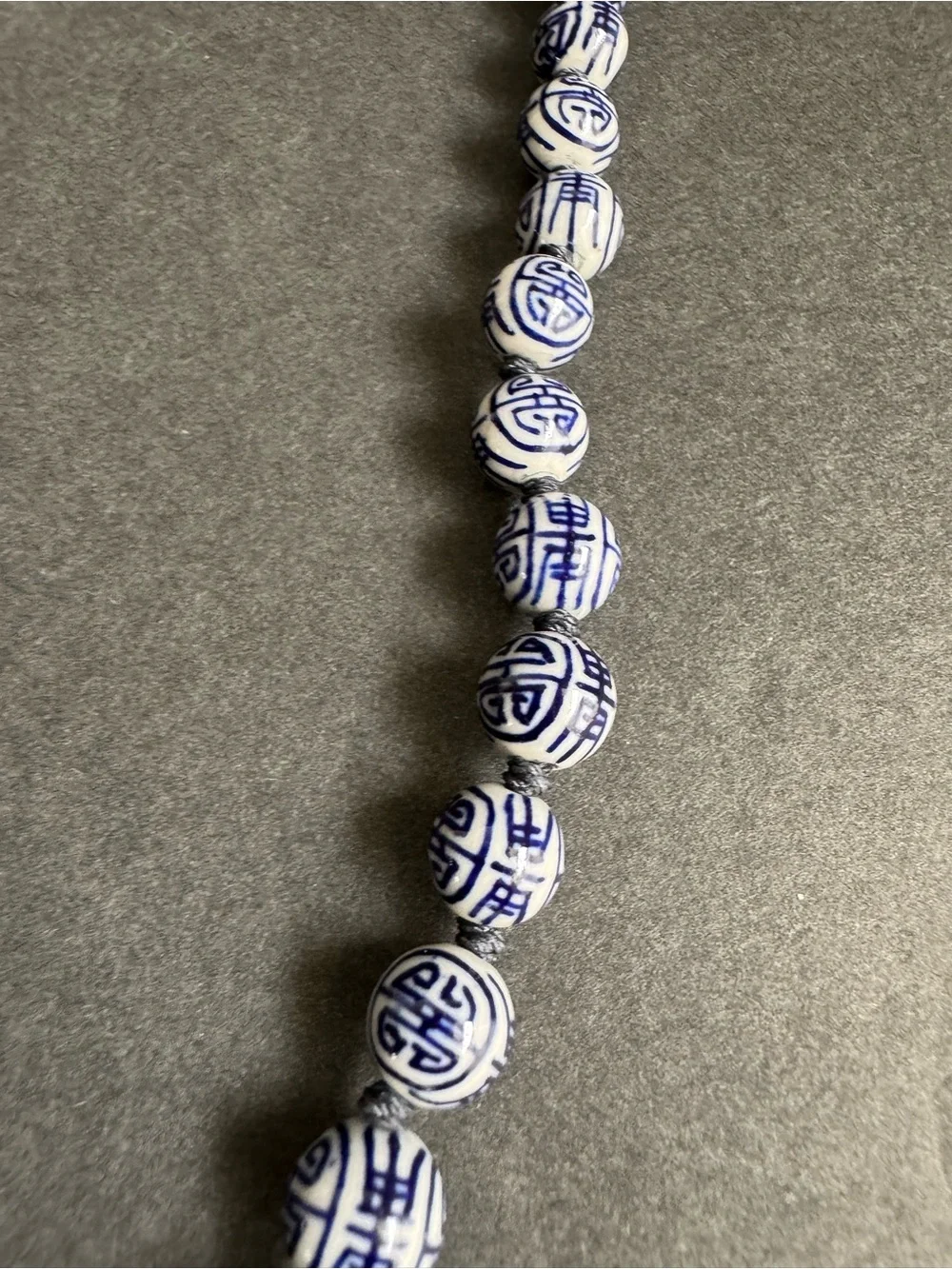 Vintage Chinese Shou Bead Necklace Blue White Porcelain Beaded Longevity 24